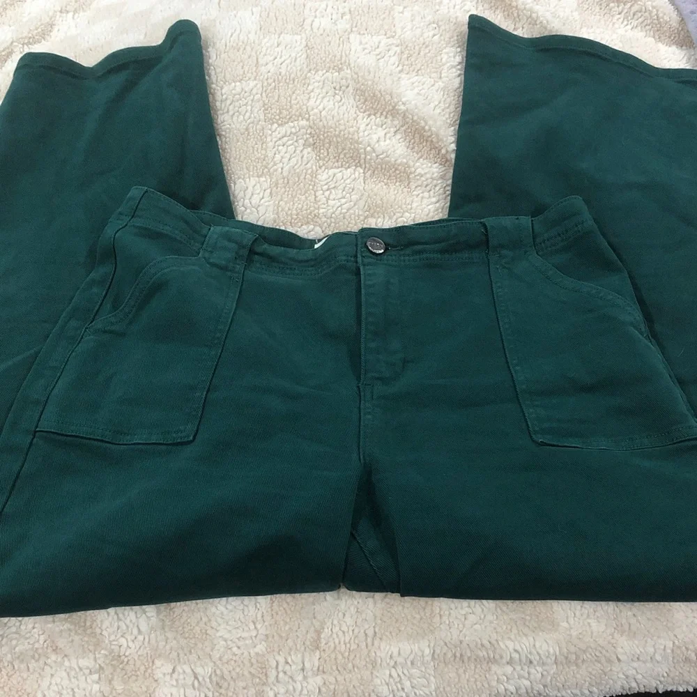Risen High Rise Kick Flare Patch Pocket Jeans Hunter Green Ankle Various NEW